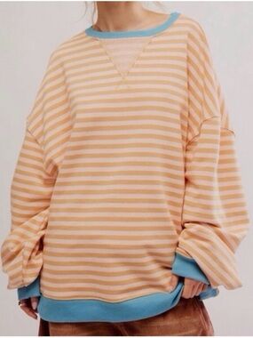 Free People Peach and orange Striped Oversized Sweatshirt with Blue Trim
